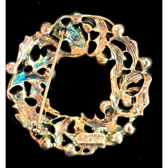Eisenberg Ice Christmas Wreath Brooch Vintage Green & Red Rhinestones Gold-Tone - Picture 5 of 9